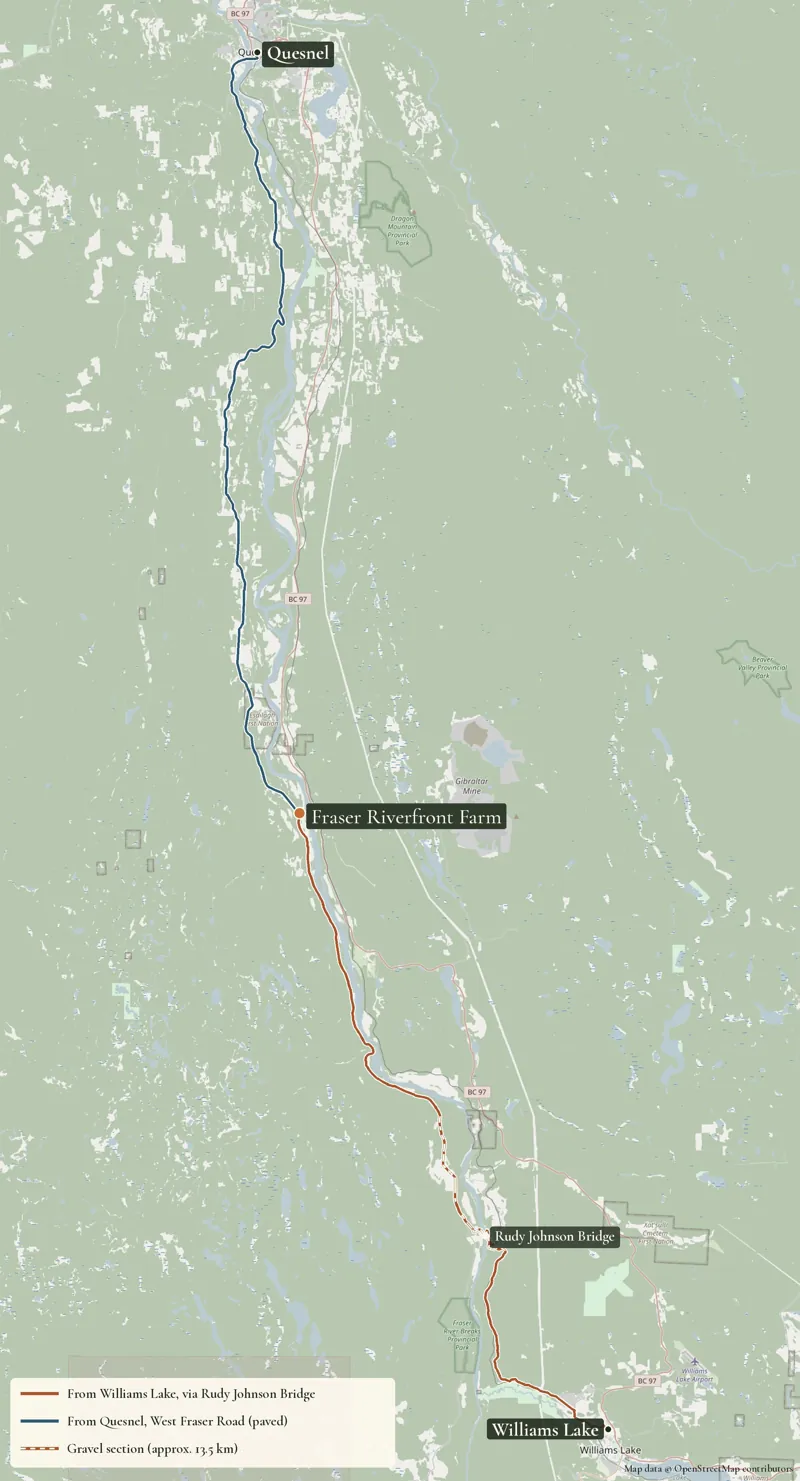 Getting here from Williams Lake and Quesnel. Map data © OpenStreetMap contributors