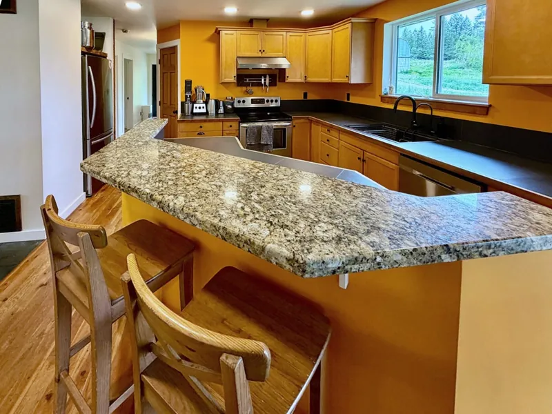 Granite island and stainless appliances