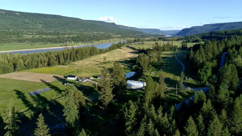 The farmstead and the Fraser from above, looking south down the valley