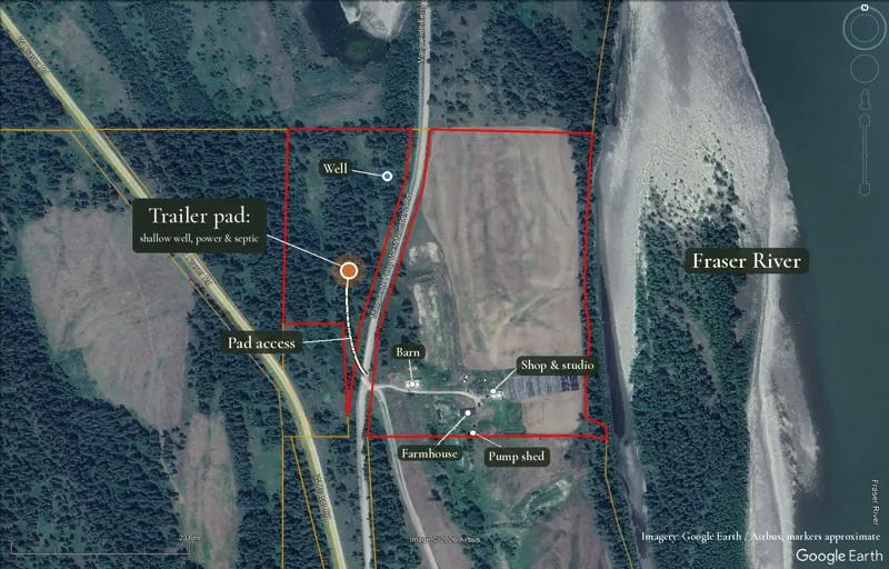 The trailer pad (shallow well, power & septic), the well and the pad access on the property map