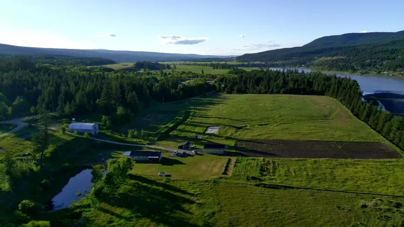 Looking north over the pond and the fields to the Fraser