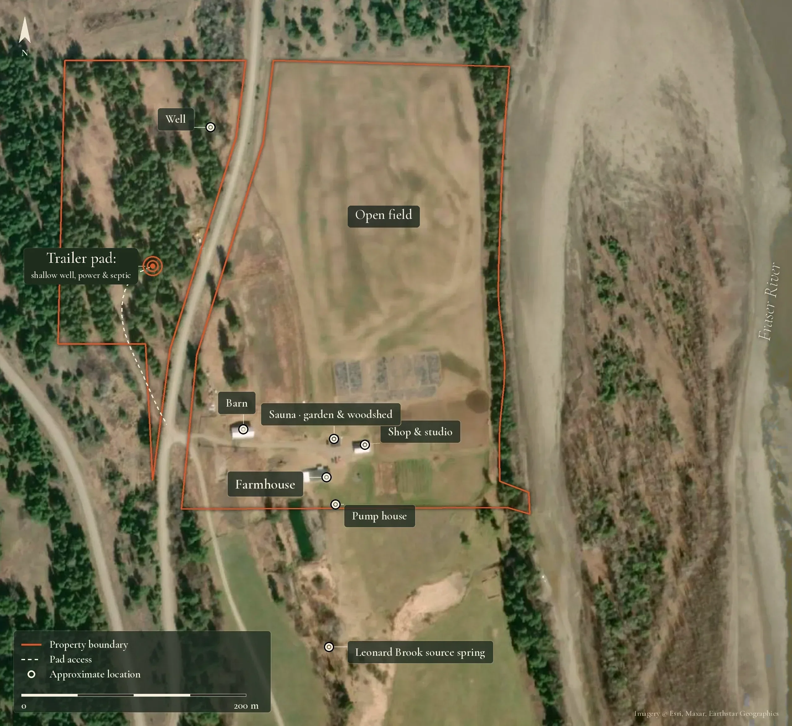Labelled aerial site plan of the farm: property boundary, open field, farmhouse, barn, shop and studio, sauna and sheds, pump house, trailer pad and its well, the Leonard Brook source spring and the Fraser River. Opens the interactive map on the home page